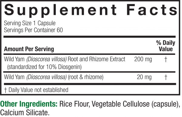 Wild Yam Standardized 60 v-caps Supplement Facts Box
